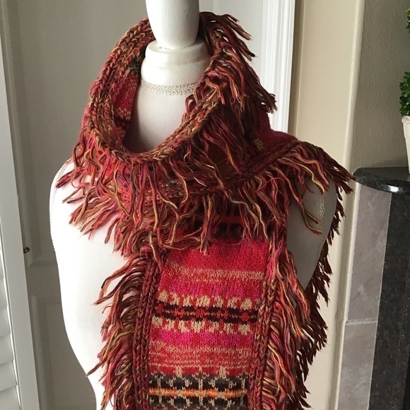 Steve Madden Long Knit Fringed Neck Scarf Muffler Acrylic Boho Pink Red Multi - Picture 5 of 16